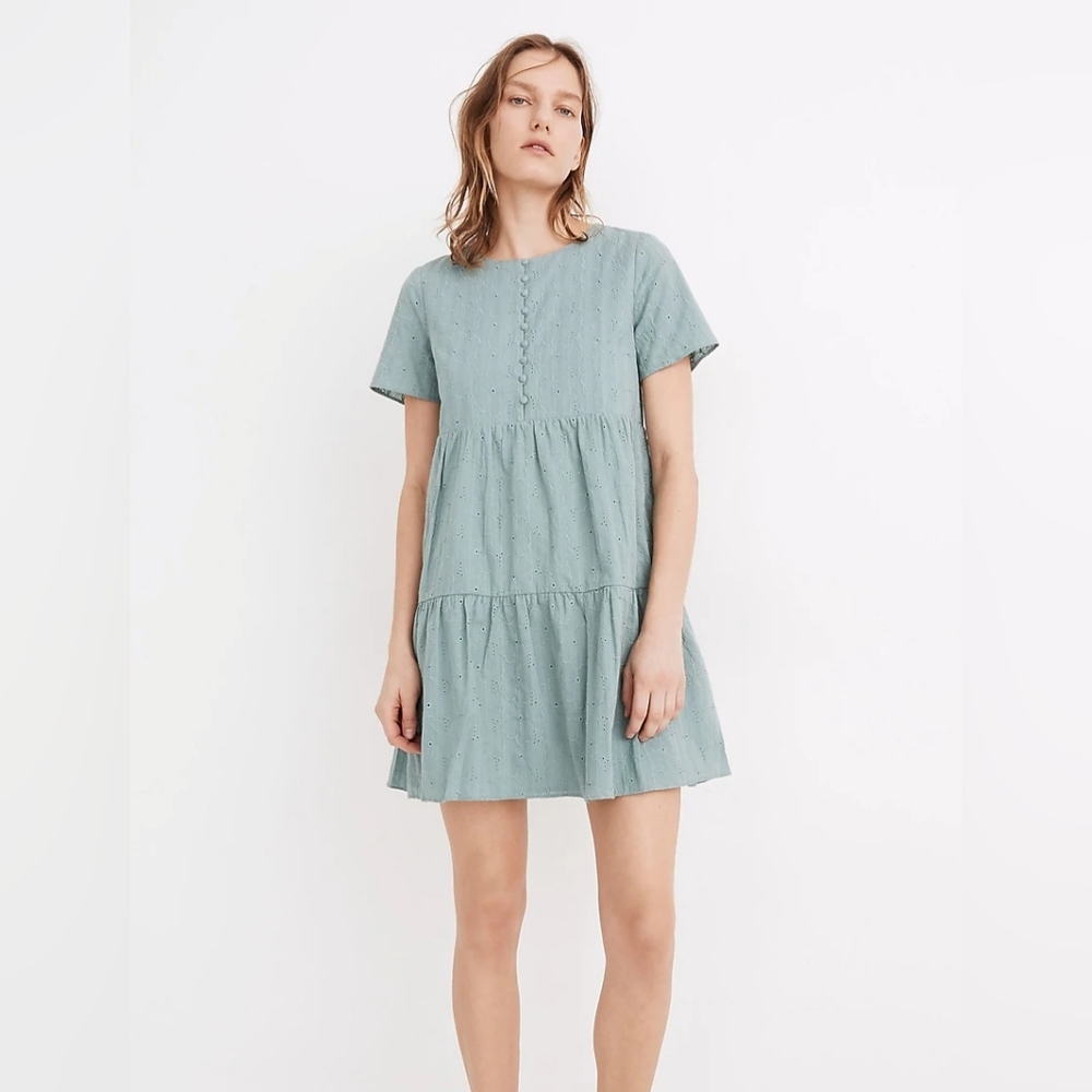 Madewell floral eyelet lace blue green dress Sz. XS Petite tiered knee l…